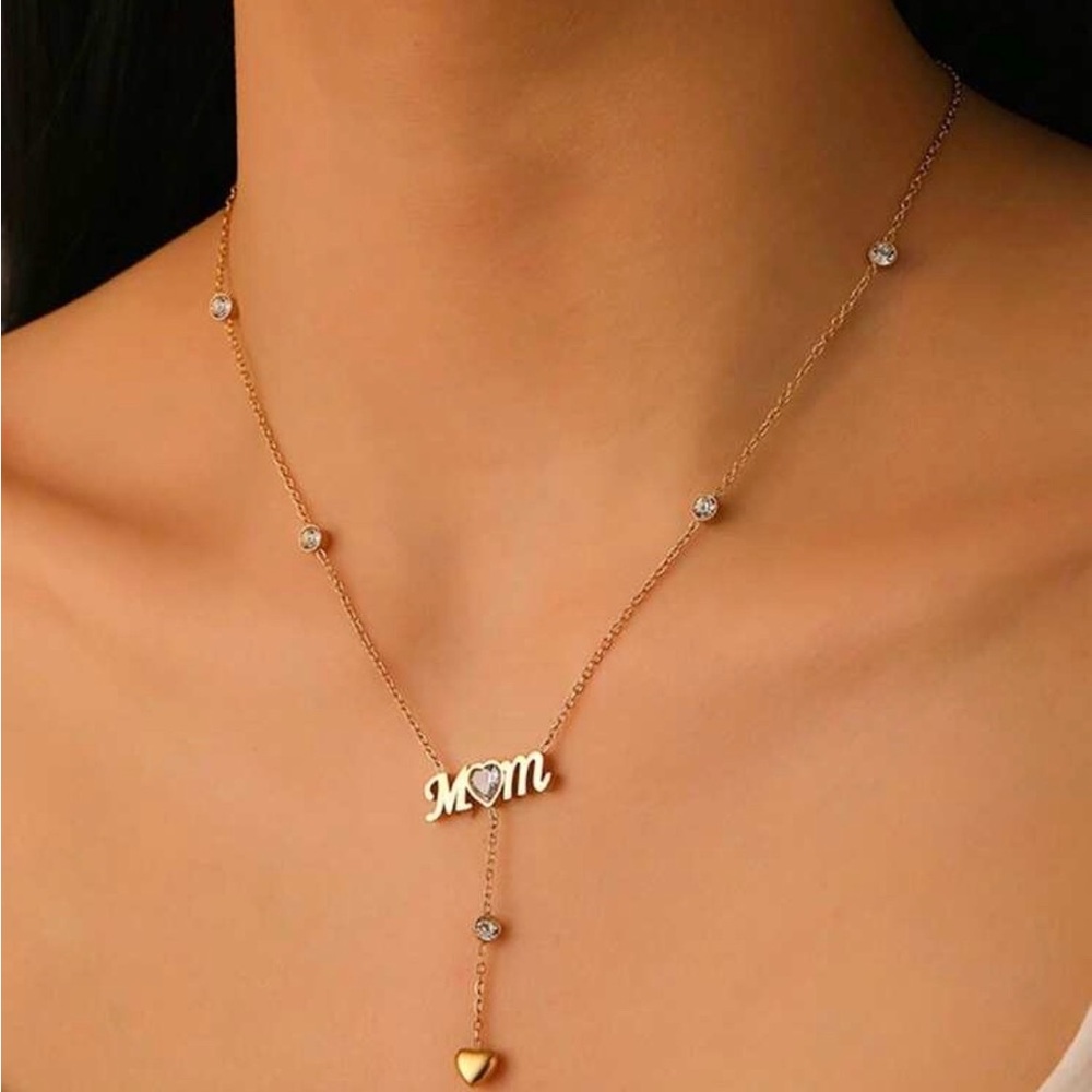 18K Gold Plated Mom Necklace | CZ Heart Drop Necklace | Mother’s Day Gift - Picture 4 of 5